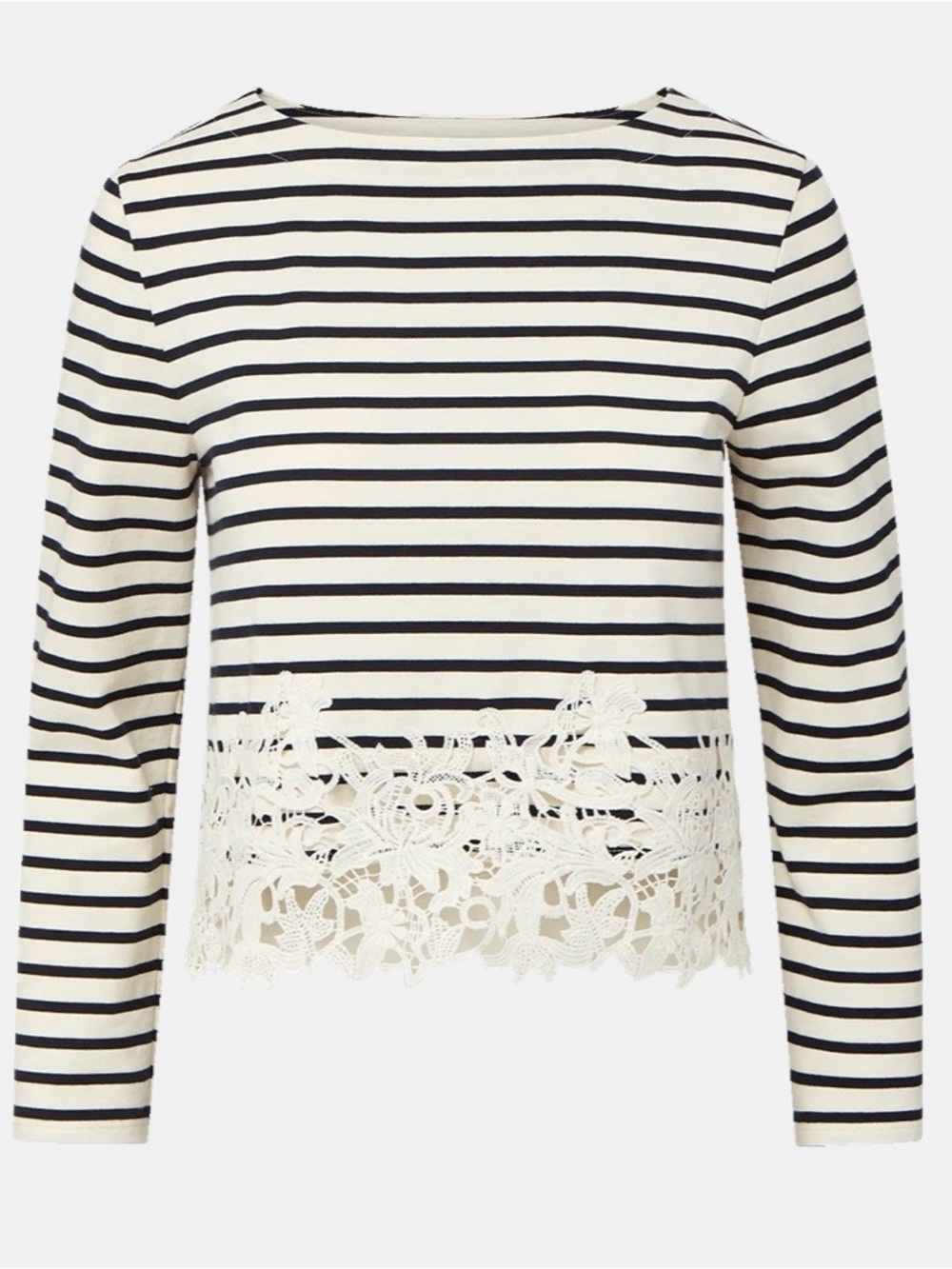 Veronica Beard Striped Lace-Hem Long Sleeve Top - Black